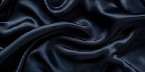 Fototapeta premium Luxurious black silk fabric elegantly drapes in folds, exhibiting a smooth, glossy texture. The close-up studio-lit photograph captures the fabric's deep ebony sheen and sensual elegance.