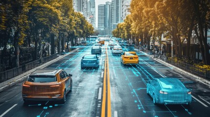 Obraz premium Wireless communication for autonomous vehicles, showing cars communicating with each other and infrastructure for safe navigation.