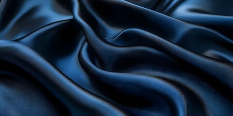 Fototapeta premium Luxurious black silk fabric elegantly drapes in folds, exhibiting a smooth, glossy texture. The close-up studio-lit photograph captures the fabric's deep ebony sheen and sensual elegance.