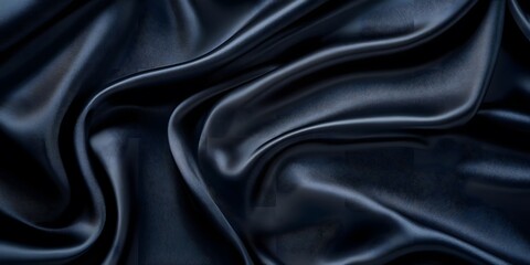 Fototapeta premium Luxurious black silk fabric elegantly drapes in folds, exhibiting a smooth, glossy texture. The close-up studio-lit photograph captures the fabric's deep ebony sheen and sensual elegance.