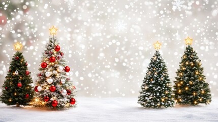 Fototapeta premium Charming Christmas trees of various shapes and sizes adorned with stars and snowflakes in a wondrous winter wonderland setting