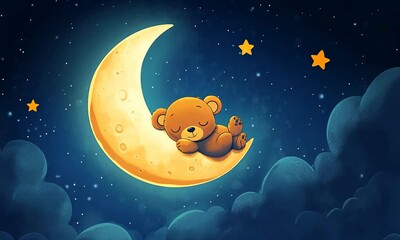 cute bear sleeping and dreaming on moon.