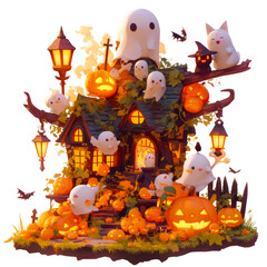 A whimsical haunted house scene features cute ghosts, glowing pumpkins, and playful creatures, creating a festive Halloween atmosphere.