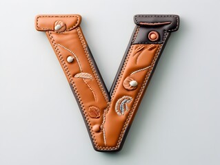 Elegant Leather Monogram Letter V with Refined Textures and Intricate Embroidery Details