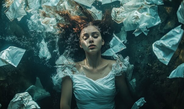 Underwater Bride Amid Floating Papers