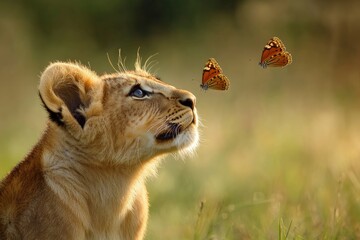 Obraz premium Lion cub surprisingly watching butterfly --ar 3:2 --v 6.1 Job ID: 66054d89-a5b3-4519-b69a-8985167b582a