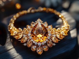Fototapeta premium A gold and diamond necklace with a large diamond in the center