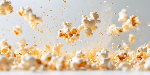 Popcorn kernels appear to explode mid-air with golden buttery hues in a dynamic food photography scene. High-speed capture on a white background emphasizes the cinematic and appetizing feel.