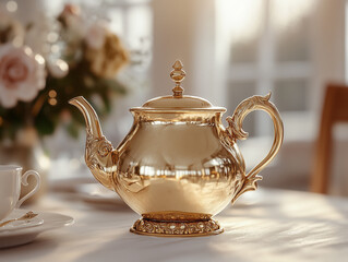 A gold tea pot sits on a table with a white tablecloth 