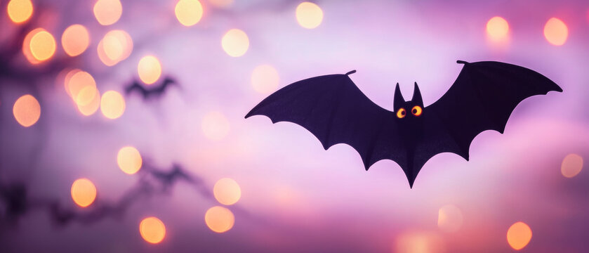 Flying bats illuminated by soft orange bokeh lights in a purple twilight sky, evoking a spooky Halloween night.