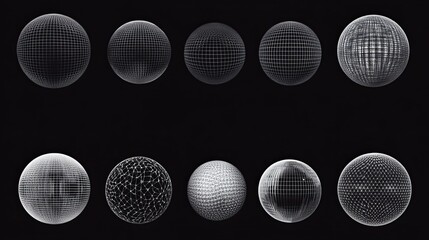 Collection of wireframe spheres in halftone patterns, perfect for tech banners, posters, and 3D designs. Modern and futuristic vector elements. 