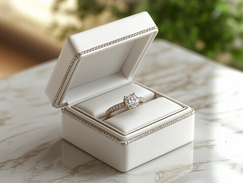 A white box with a diamond ring inside 