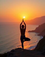 Figure Practicing Yoga on Cliff Overlooking Sunset-Lit Ocean Embodying Personal Growth Through Mindfulness