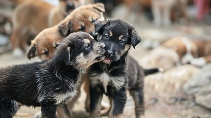 Fototapeta na wymiar The dogs play with each other in the puppy farm they are very friendly and good excessively should choose as pets in your home to close to children
