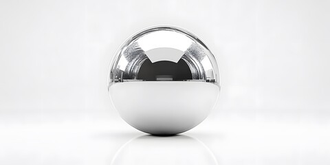 A perfectly round, silver metallic sphere with a mirror-like surface sits isolated on a white background. The studio-lit 3D rendering highlights the sleek geometric shape and smooth texture.