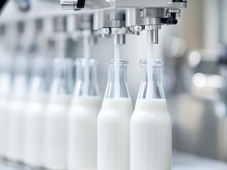 A line of milk bottles are being filled with milk 