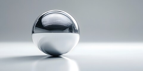 A perfectly round, silver metallic sphere with a mirror-like surface sits isolated on a white background. The studio-lit 3D rendering highlights the sleek geometric shape and smooth texture.