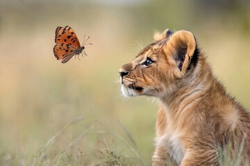 Obraz premium Lion cub surprisingly watching butterfly --ar 3:2 --v 6.1 Job ID: fe279f4b-db2a-4aac-a717-1b99aaf7a112