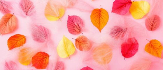 Colorful autumn leaves scattered over a soft pink fabric, creating a bright and delicate seasonal composition.