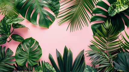 Naklejka premium Tropical leaves on pastel pink background minimal summer concept flat lay