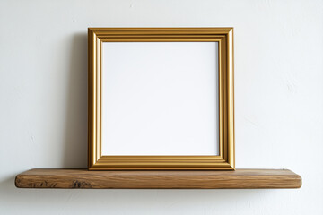 Golden mock up frame on the wooden shelf.