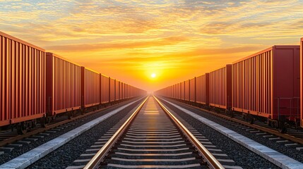 Fototapeta premium Cargo trains on tracks at sunset with vibrant sky in the background.