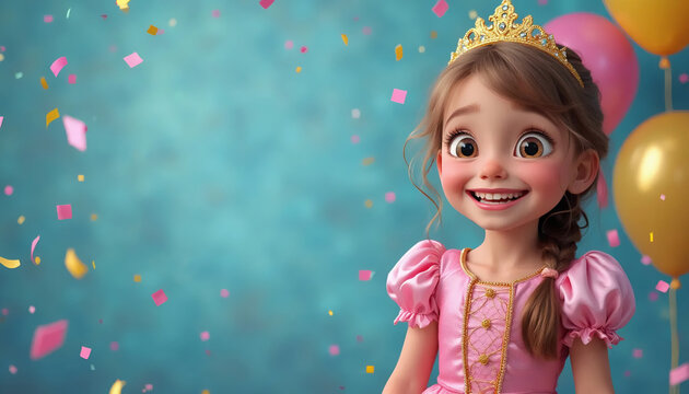 Anivers&aacute;rio. Ilustra&ccedil;&atilde;o de uma menina sorridente vestida de princesa com coroa, bal&otilde;es e confetes coloridos, em um ambiente festivo. Festa de anivers&aacute;rio.