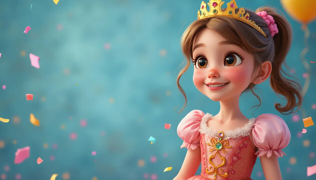 Anivers&aacute;rio. Ilustra&ccedil;&atilde;o de uma menina sorridente vestida de princesa com coroa, bal&otilde;es e confetes coloridos, em um ambiente festivo. Festa de anivers&aacute;rio.