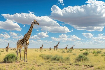 Fototapeta premium Panoramic landscape with a group of giraffes in Kalahari Desert, Namibia. Herd of giraffe pastured in savanna, wild African animals in natural habitat, generative ai