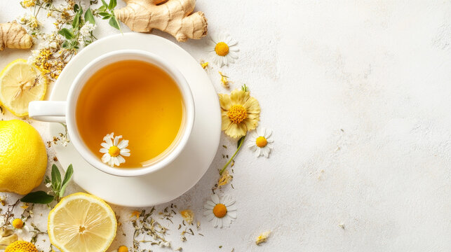 A soothing cup of chamomile herbal tea with lemon is elegantly displayed in a white cup, set against a light background. Surrounding the cup are delicate dry flowers and fresh ginger, creating a seren