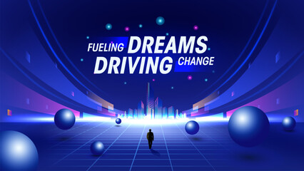 Fueling Dreams, Driving Change: A Cutting-Edge Futuristic Background with 3D Elements and Dynamic Lines for High-End Technology Events