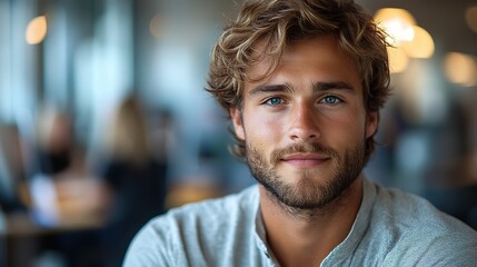 a portrait of young businessman with computer in an office looking at camera