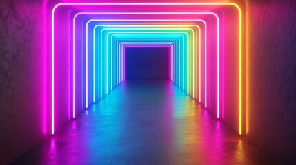 Colorful neon lights forming a vibrant tunnel with a smooth floor.