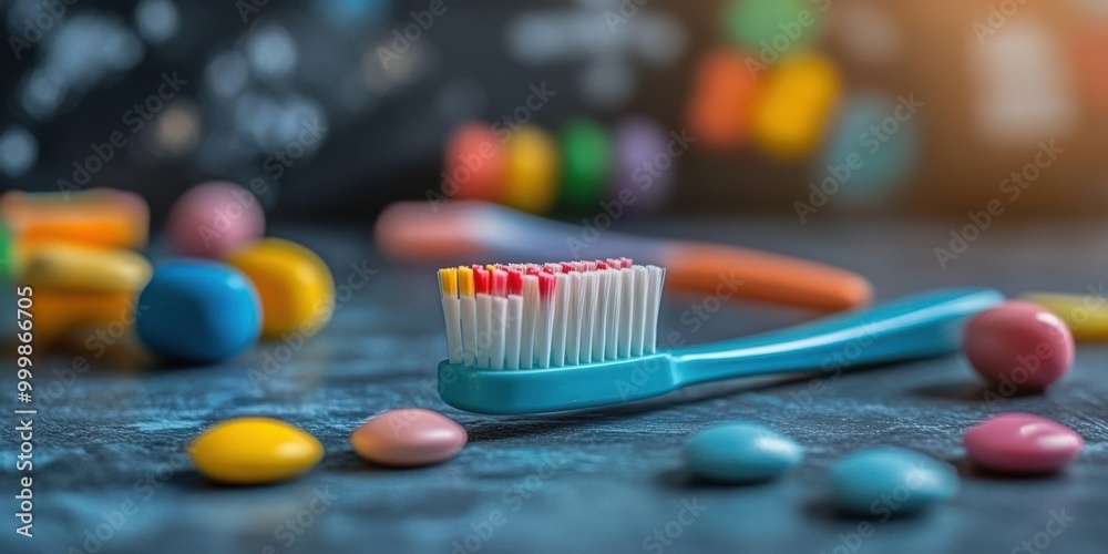 Poster a toothbrush with a blue handle sits on a table with colorful candies, a reminder of the importance 