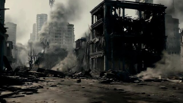 A desolate post-apocalyptic city with crumbling buildings and smoke rising from the ruins, evoking a sense of destruction