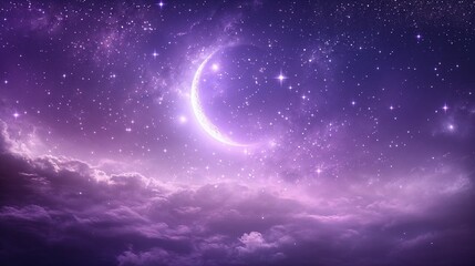 Purple starry night sky with crescent moon, fantasy cosmic landscape