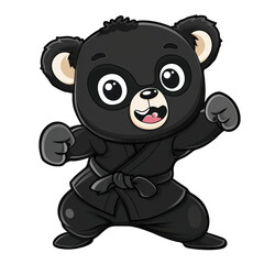Obraz premium A cute black bear wearing a karate uniform with a black belt, standing in a fighting stance with a happy expression.