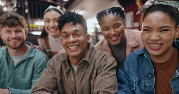 University, students or friends in group at library with smile for education, exam studying or learning. Diversity, people or gen z portrait for scholarship, knowledge research or assignment teamwork