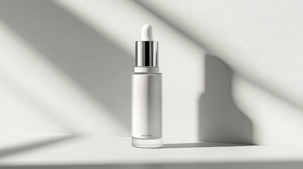 Elegant white serum packaging with a sleek silver cap, spotlight on its minimalistic design. No people. No logo. Focus point.