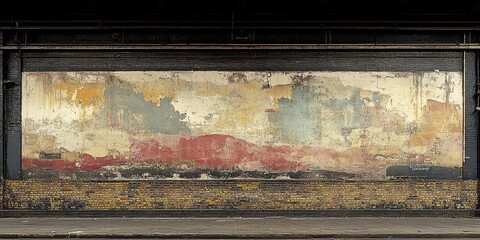 A weathered brick wall with peeling paint and an aged mural, revealing layers of history and urban decay