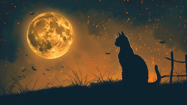 Halloween background with a cat and a full moon, Halloween elements, Happy Halloween