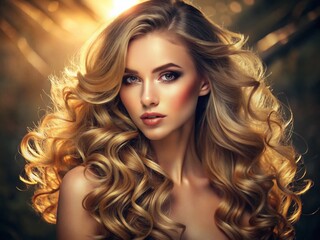 Fototapeta premium Beautiful Curly Golden Blonde Hair Flowing Elegantly Against a Soft, Natural Background in Sunlight