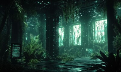 Fototapeta premium Futuristic Jungle Interior with Computer Screens