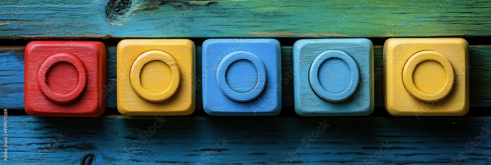 Poster five wooden blocks with circles painted on them arranged in a row on a weathered blue wooden surface