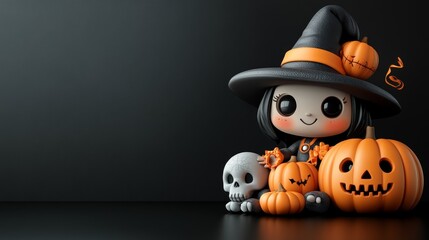 Cute Halloween Characters with Pumpkins and Spooky Autumn Decorations