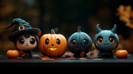 Cute Halloween Characters with Pumpkins and Spooky Autumn Decorations