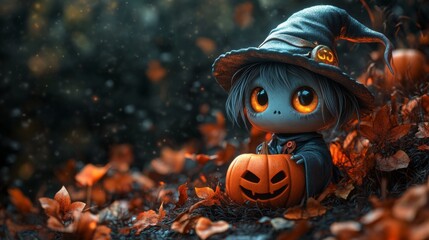 Fototapeta premium Cute Halloween Characters with Pumpkins and Spooky Autumn Decorations