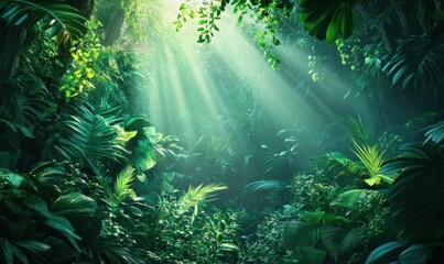 Obraz premium Lush Sunlit Jungle with Green Foliage and Sunrays