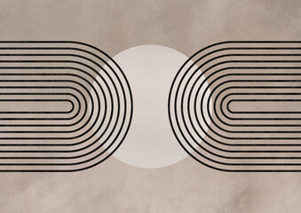 Abstract poster featuring geometric shapes and line art designs, enhanced with a vintage texture. Boho background. Mystical, mysterious art print. 