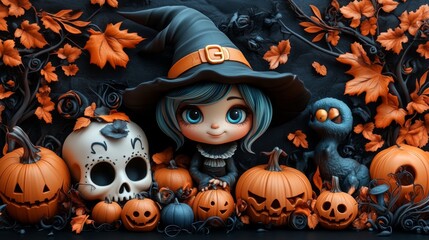 Cute Halloween Characters with Pumpkins and Spooky Autumn Decorations